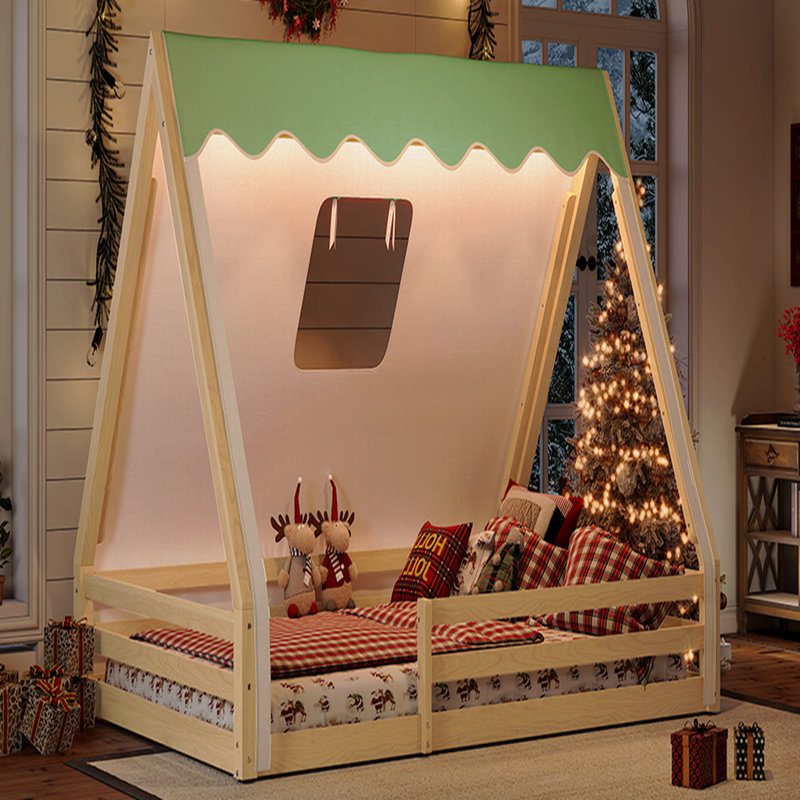 Full Size House Floor Bed Frame With Tent And Light, Solid Wood Materialen Frame Material Teepee Floor Bed Frame With Full-Length Guardrails, Montessori And Childlike Style Design,In Natural Finish+Green