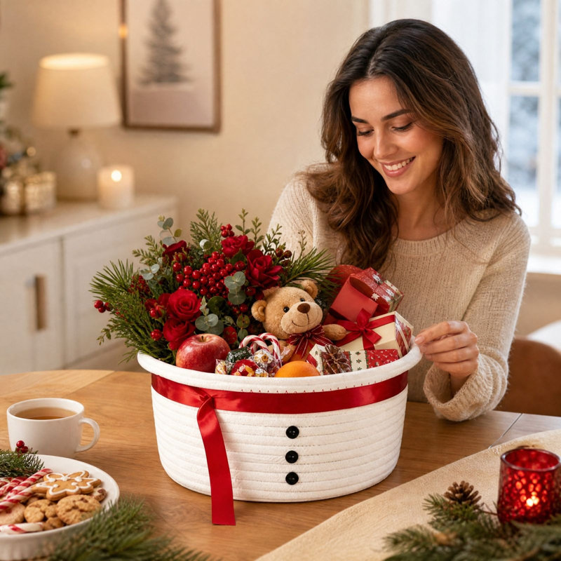 Panier de rangement blanc décoré pour Noël, orné de boutons noirs et tressé à la main avec poignées. Parfait pour les gâteries de Noël, les jouets et comme élément de décoration.