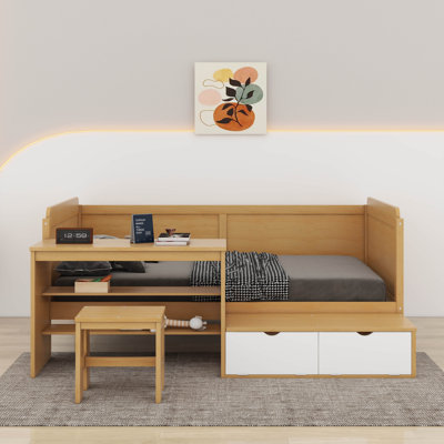 Lit de jour simple avec tablettes de rangement, casiers, bureau et tabouret assorti