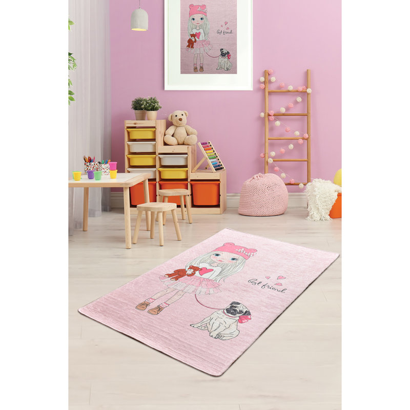 Tapis touffeté à la machine rectangulaire rose / blanc Augu, Rectangle 3 pi 3 po x 5 pi 3 po