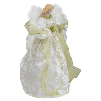 14" Lighted White and Gold Angel in a Dress Christmas Tree Topper - Warm White Lights