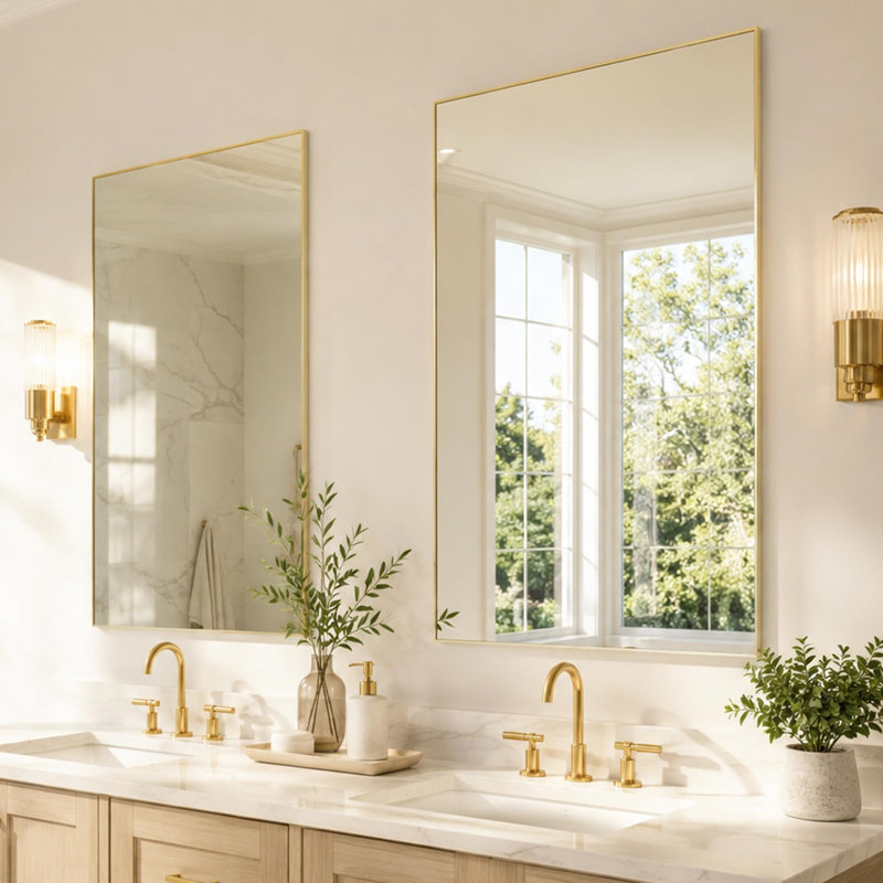Ensemble de miroirs muraux modernes en verre trempé avec cadre en métal pour salle de bain, 36 po x 24 po, Or champagne
