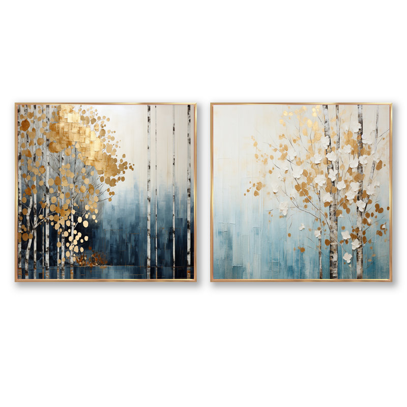 Minimalisme - Forêt bleue et dorée - ensemble de 2 carrés de forêt, Cadre flottant doré, H 16 po x l 33 po
