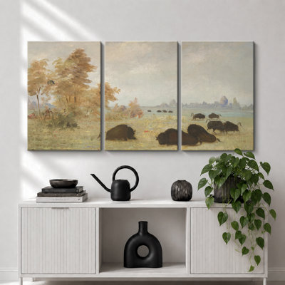 «Rustic Prairie Buffalo Landscape», art de bureau, impression sur toile encadrée 3 pièces 