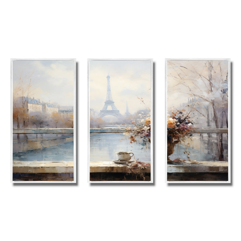 Hiver Paris, Tour Eiffel, ville charmante IV - Art mural de Paris, Cadre flottant blanc, H 32 po x l 48 po
