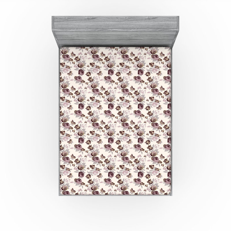 Ambesonne Nature Fitted Sheet Leaves Botanical Style Art, Maroon/Mauve/Ivory Floral, Queen Fitted Sheet