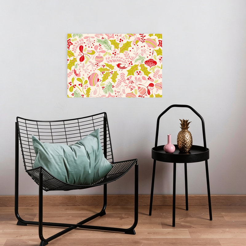 Motif festif de Noël rétro, oiseau fantaisiste, pin, nature, hiver, impression murale, 16" H x 24" W