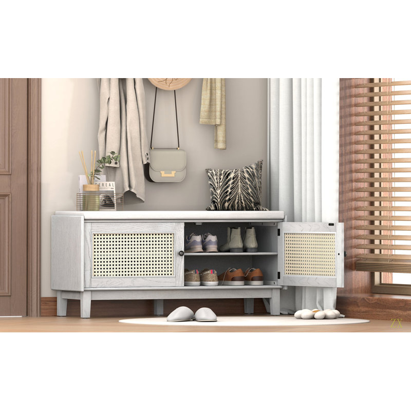 Banc d'entrée en rotin avec rangement Boho, banc à chaussures rembourré avec portes doubles, banc de rangement en bois, Gris
