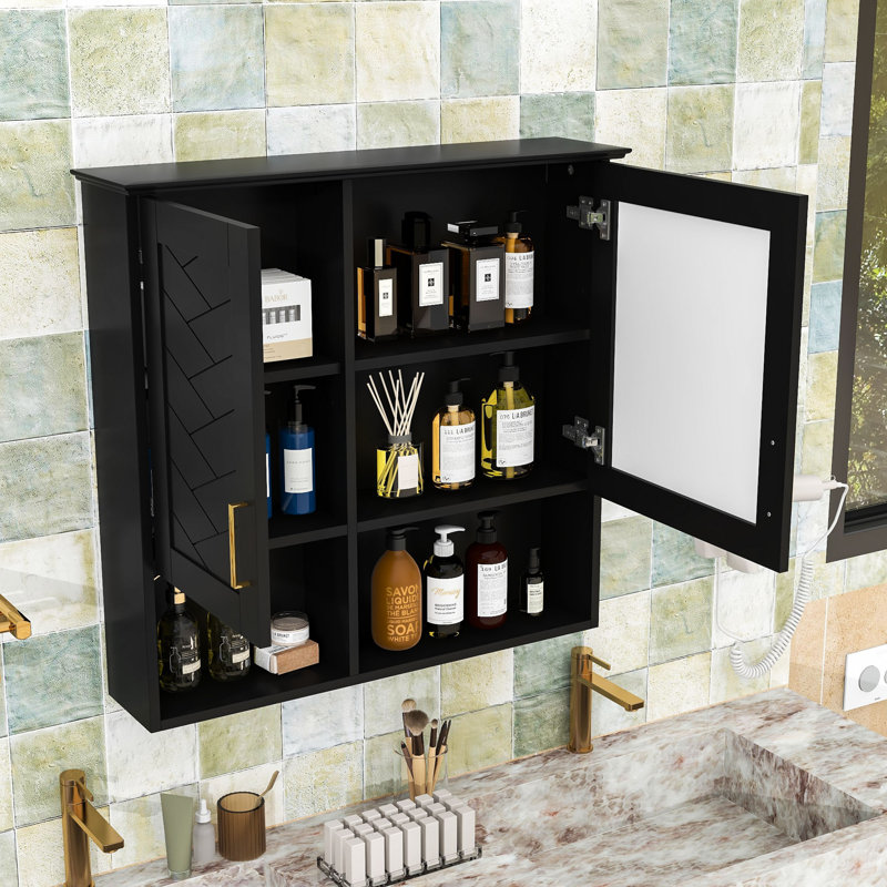 Armoire à pharmacie murale de luxe avec miroir à réflexion haute définition et tablette réglable, Noir