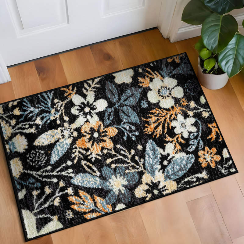 Black Multi Garden Floral Area Rug, Rectangle 2' x 3'