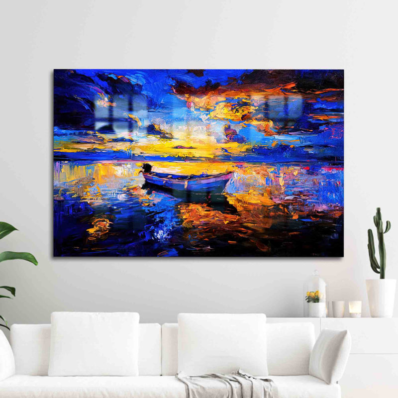 Abstrait art mural en verre trempé abstrait paysage de mer avec bateau et nature pour la maison, H 9,1 po x l 14,2 po