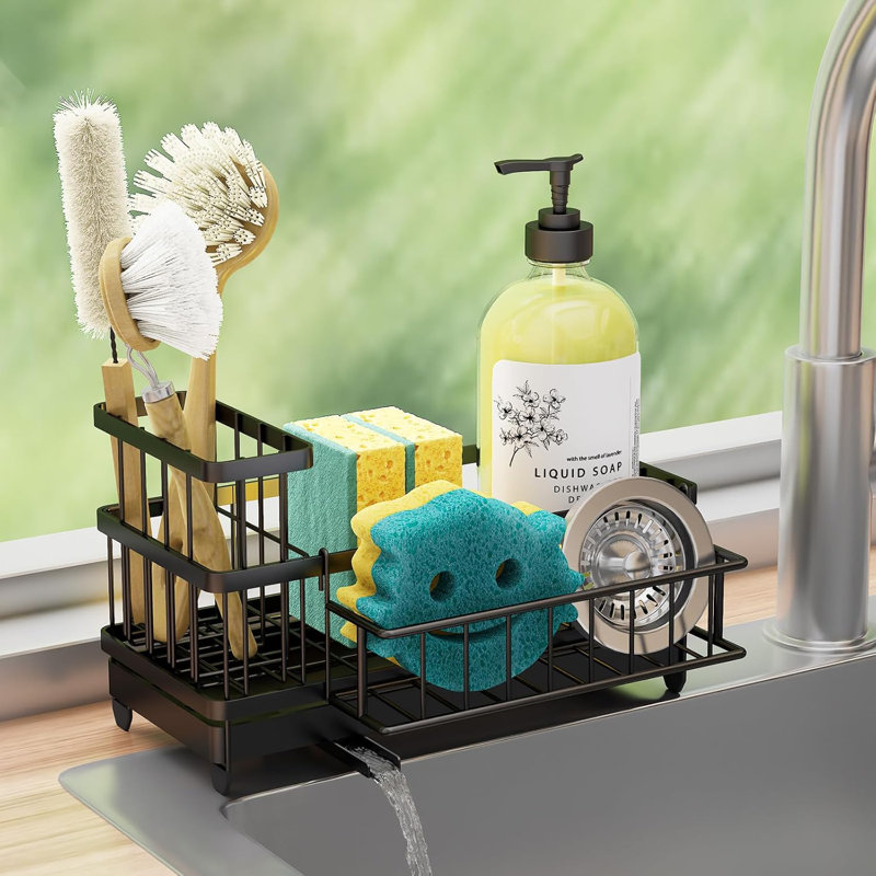 Automatic Draining Sponge Holder For Kitchen Sink - 360° Rotatable Spout Caddy Organizer With Detachable Rack And Brush Holder, Stainless Steel Countertop Storage Solution
