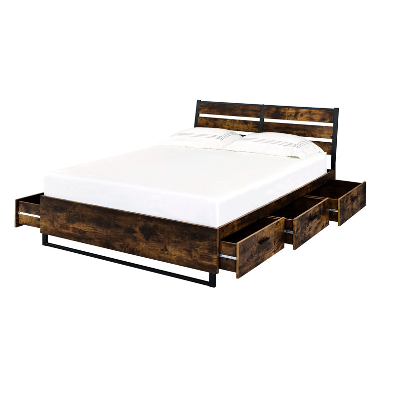 Très grand lit simple avec rangement en chêne rustique et espace de rangement