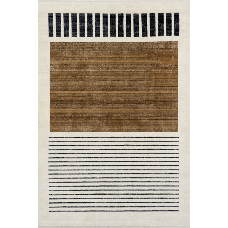 Keeva Modern Striped Fringe Area Rug, Rectangle 5' x 7'10", Beige/Brown