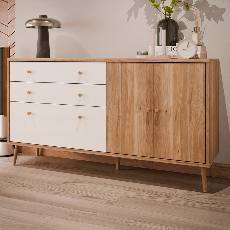HARLLSON 159.2cm W Chest of Drawers, White/Light Oak