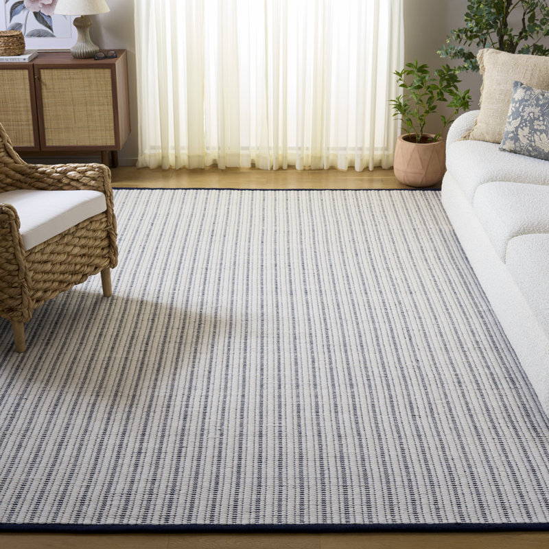 909 Hand Woven Cotton/Wool Striped Rug , Rectangle 8' x 10', Navy/Ivory