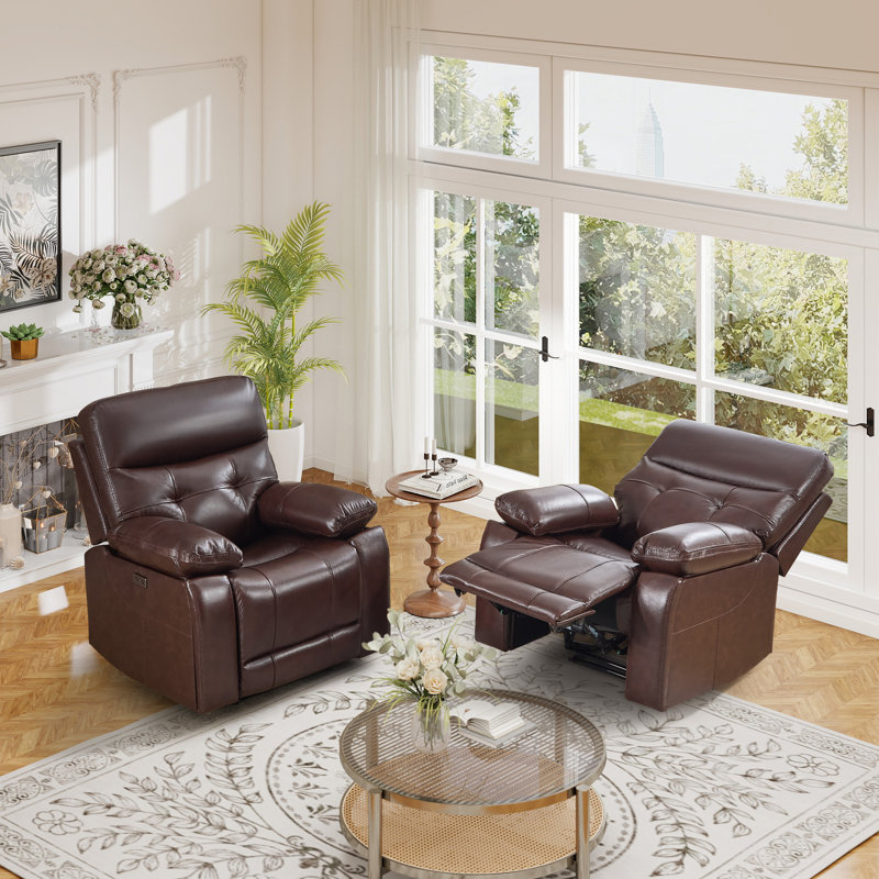 37" W Classic Top Grain Leather Power Recliner Chair With USB Port, Adjustable Electric Reclining & Hidden Cupholders For Living Room (Set Of 2)