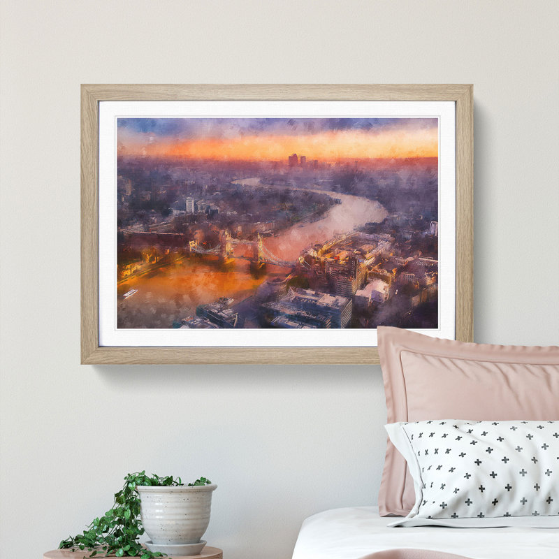 Sunrise over London - Picture Frame Painting Print, 62cm H x 87cm W x 2cm D, Oak Framed