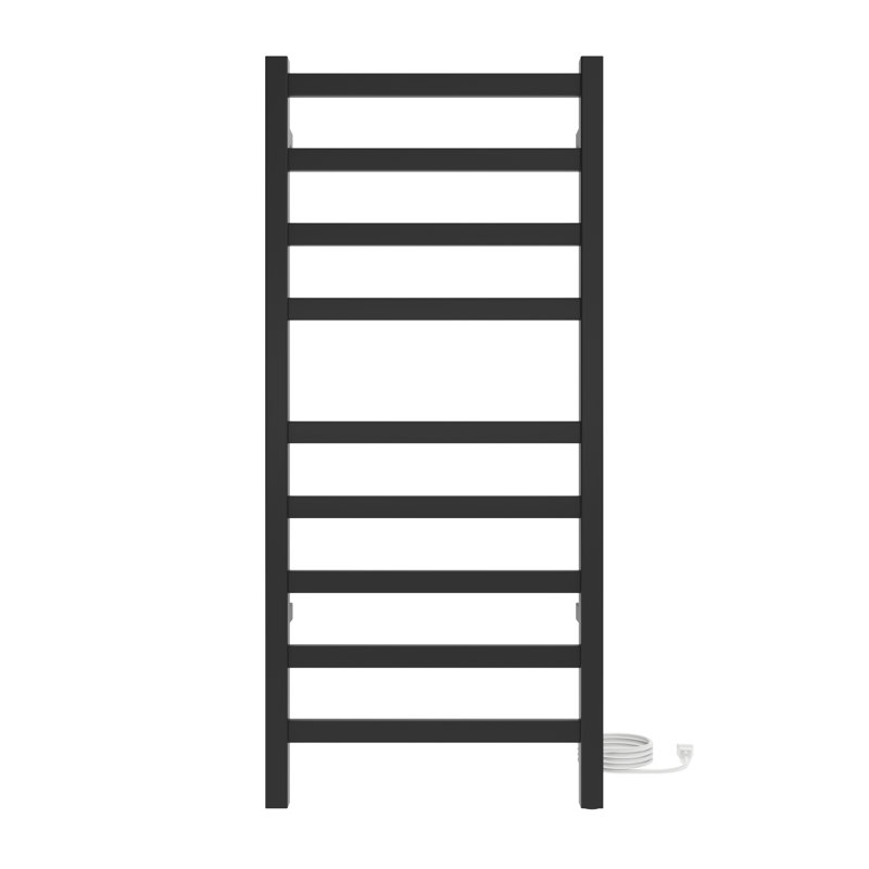 Chauffe-serviettes électrique mural en acier 18 po x 40 po Kontour - noir mat, à brancher, rails carrés, Noir mat