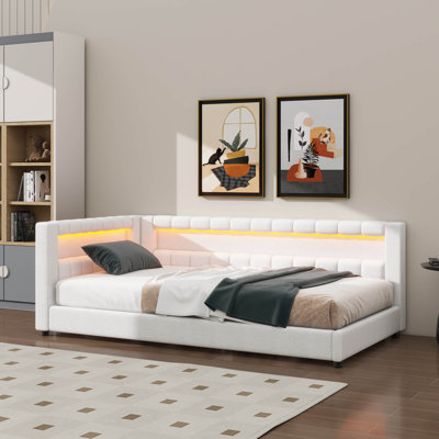 Lit de jour simple rembourré de taille XL avec rangement intégré, conception en L avec bande DEL et ports USB, cadre de lit en tissu de lin