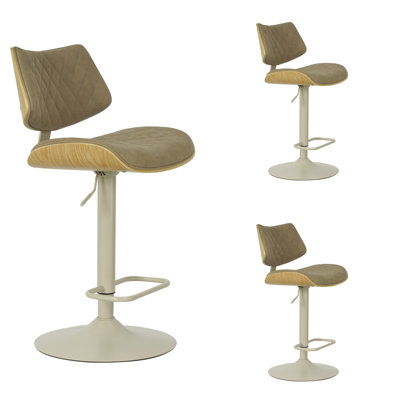 Wesson Adjustable Swivel Vintage Taupe Curved Back Wood Bar Stool With Faux Leather Seat Set Of 3