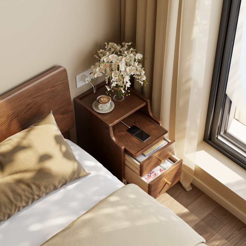 Narrow Solid Wood Nightstand with 2 Drawers, Brown, 11.81"W