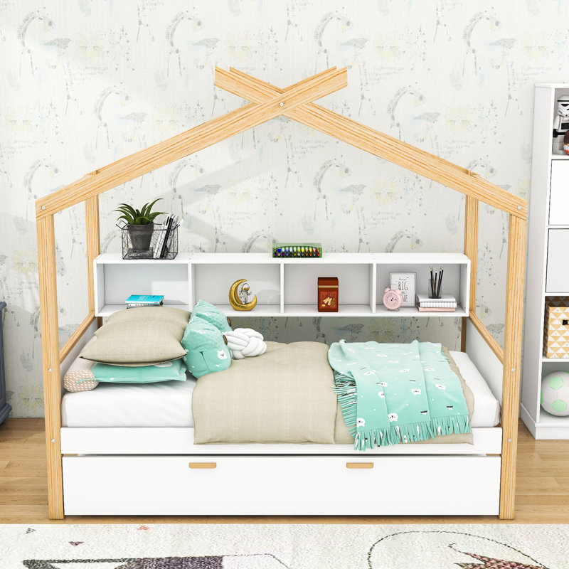 Lit simple en bois avec tablettes, lit gigogne simple et lattes