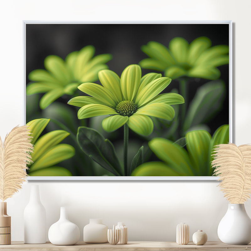 Photo de marguerites monochromes vertes et noires - salon de marguerites murales, H 24 po x l 32 po, Cadre flottant blanc