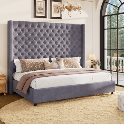California King Dark Gray Extra-Tall Deep Button-Tufted Wingback Upholstered Platform Bed