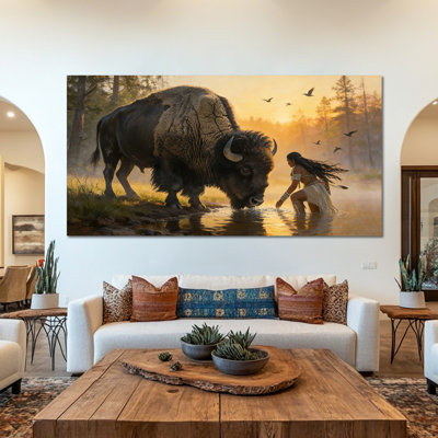 Large Native American Canvas Wall Art, Bison and Indian Woman Painting, Native American Wall Decor, Wrapped Canvas Art Poster, Ready to Hang, Living Room Home Decoration, 28×58 Inches, 28×58 Inches