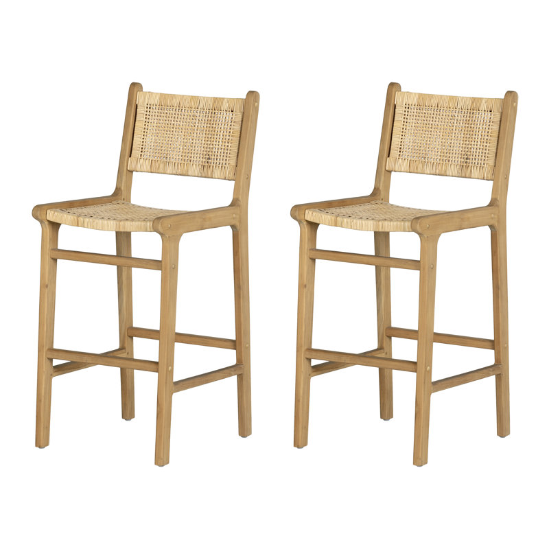 Natural Wood and Rattan Bohemian Bar Stools, Set of 2