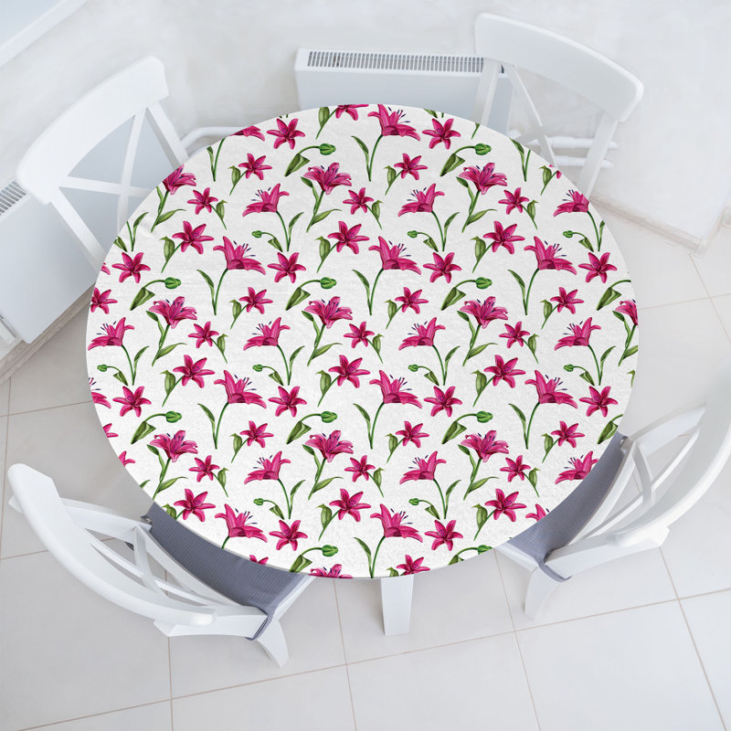Winston Porter Floral Fitted Round Tablecloth MMagenta Green and White 81292, 47.24" Round
