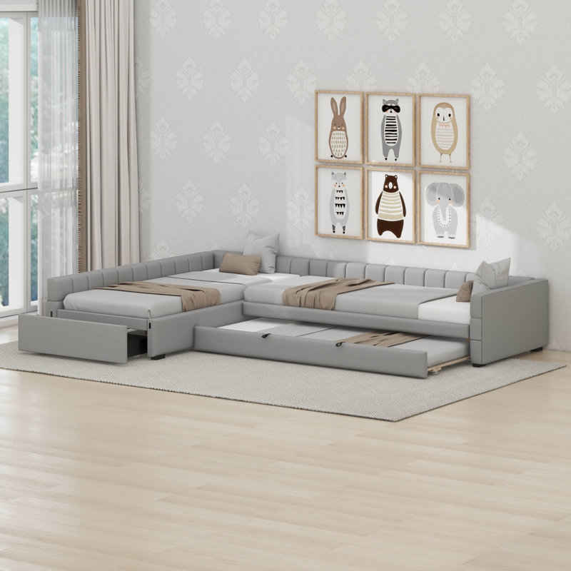 Lit simple en L en forme de L avec lit gigogne et tiroir, canapé en L revêtu de velours avec support en lattes de bois, Gris