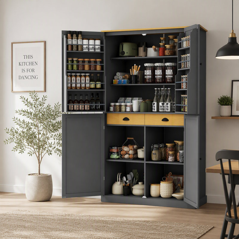 Armoire de cuisine autoportante haute avec 2 tiroirs, 2 tablettes réglables et 8 portes, idéale pour la cuisine et la salle à manger.