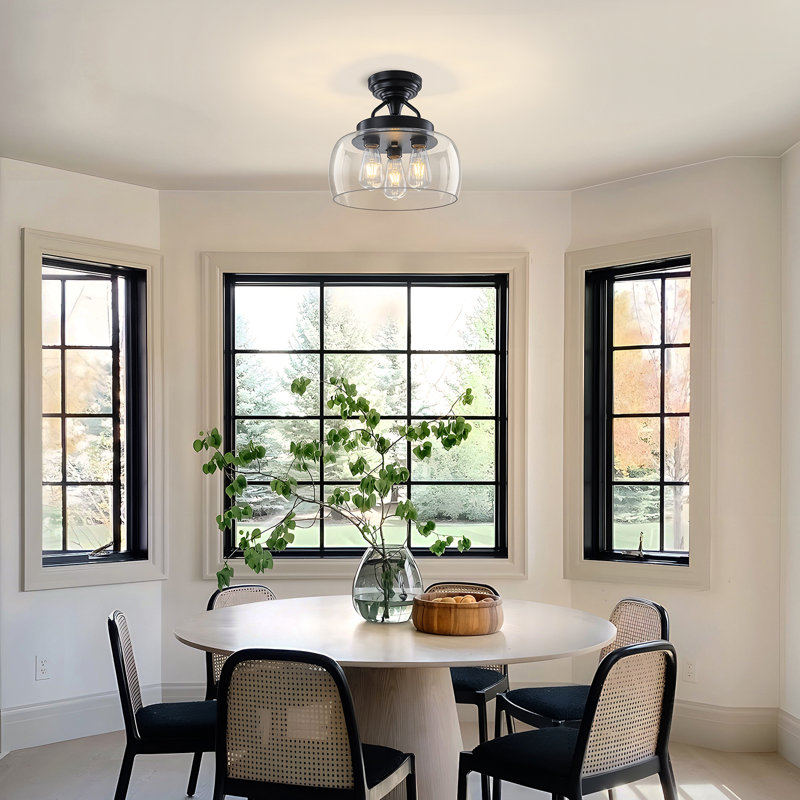 3-Light Modern Clear Glass Dome Flush Mount Ceiling Light, Matte Black