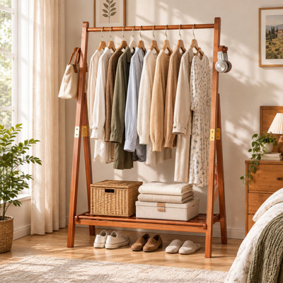 Heavy-Duty Solid Pine Wood A-Shaped Clothing Rack with Bottom Shelf & Side Hooks