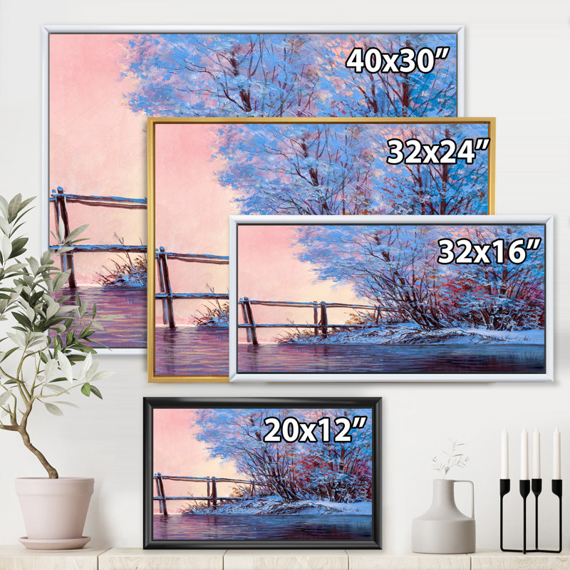 Paysage d'hiver avec pont de la rivière Méandre - reproduction sur toile, H 16 po x l 32 po x p 1 po, Toile encadrée d'or