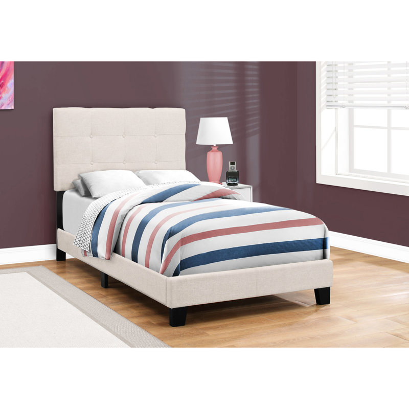 Lit plateforme simple en lin beige, base de lit confortable en mousse, rembourré, fabrication solide