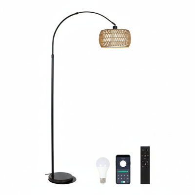 Arc Floor Lamps For Living Room With 3 Color Temperatures, Black Standing Lamp With Remote & Dimmable LED Bulb, Rattan Boho Floor Lamp, Farmhouse Tall Lamp For Bedroom, Over Couch Arched Reading Light
