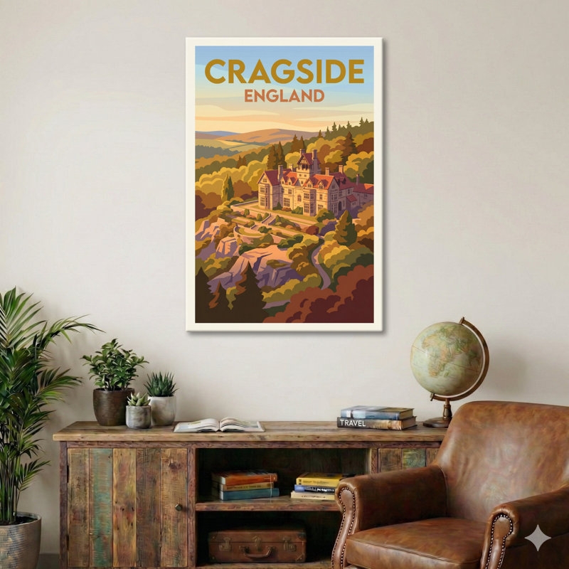 Cragside, England - Romantic Victorian Country House Travel Poster, Northumberland Estate Print. Giclee Print on Wrapped Canvas. Wall Art, Home Decor - Castles & Palaces, England 1 Piece Wrapped Canvas Wall Art