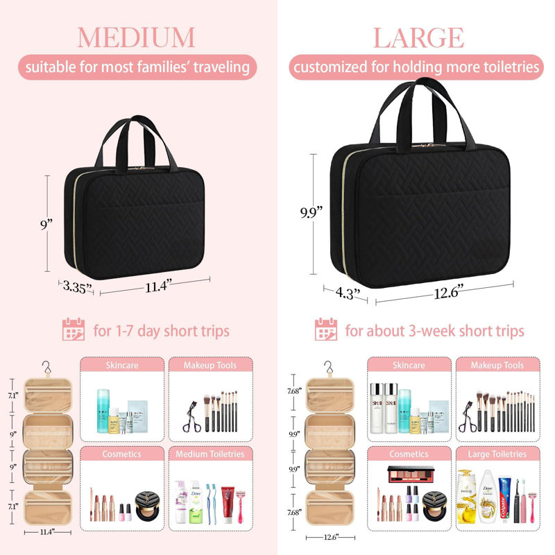 Trousse de toilette de voyage - Trousse de toilette avec crochet de suspension - Trousse de toilette spacieuse, trousse de maquillage / grand comparatif, moyen, noir