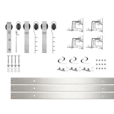 Ensemble de quincaillerie de porte de grange coulissante à triple rail en nickel brossé (pour épaisseur de porte de 1-1 / 4 po à 1-3 / 8 po), trois rails plats de 5,5 pieds de long, pour trois portes intérieures (portes non incluses)