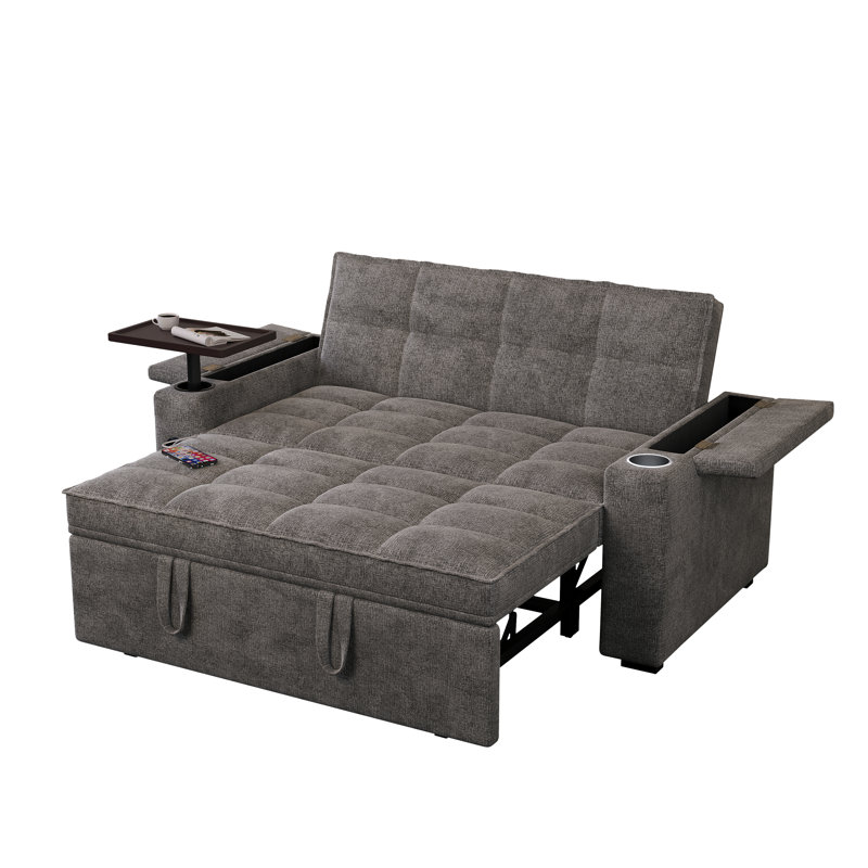 Canapé-lit convertible 3 en 1 de 165 cm avec lit gigogne, revêtement en chenille et table d'appoint pivotante à 360°, canapé pliant moderne pour salon