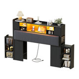 Upholstered Queen Size Headboard With Charging Station, Rgb Led Lights, Bookcase Storage & Slide-out Bedside Shelf, Black Bedroom Headboard With Side Storage
