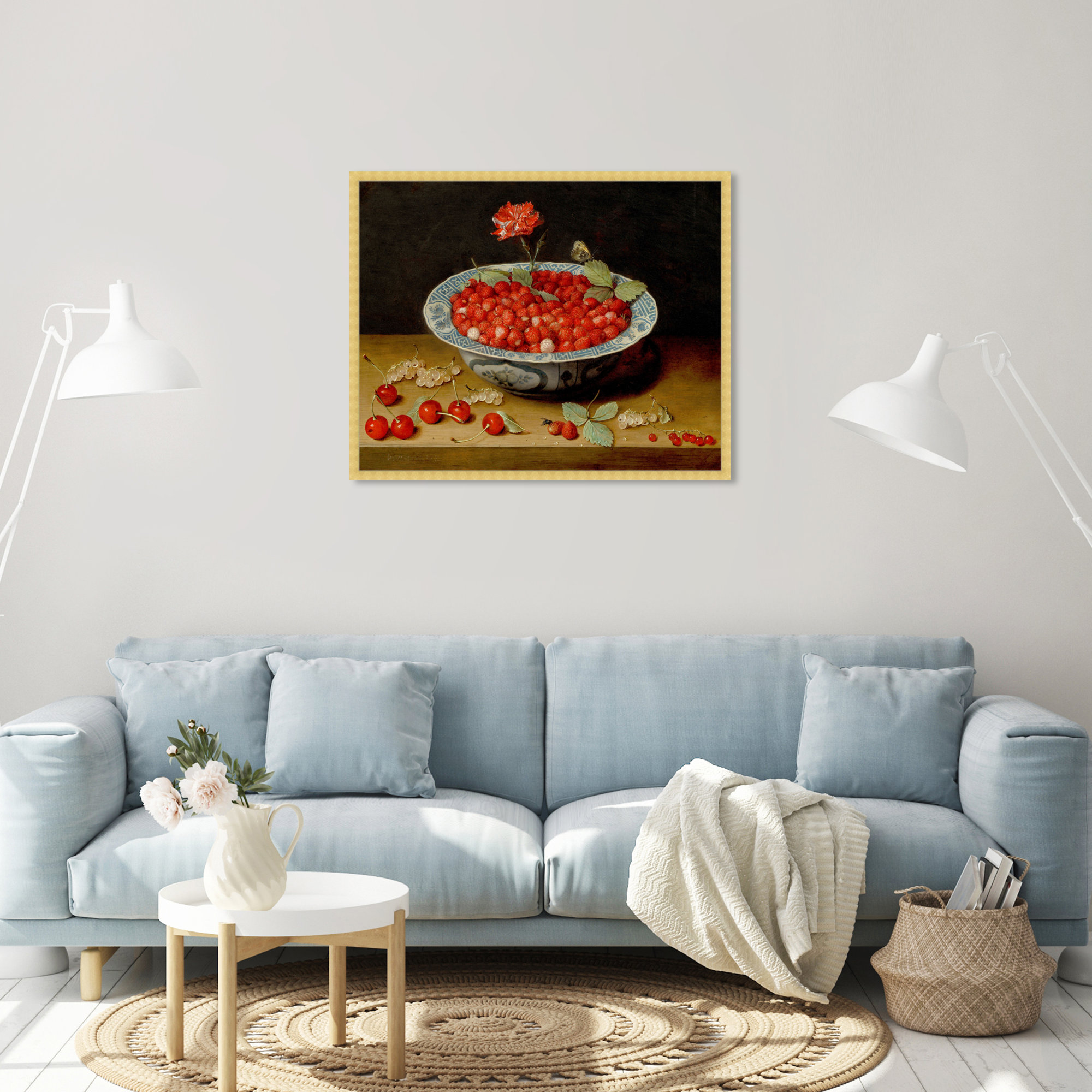 Van Hulsdonck - Wild Strawberries And A Carnation by Van Hulsdonck, 32" H x 38" W x 0.5" D, Gold