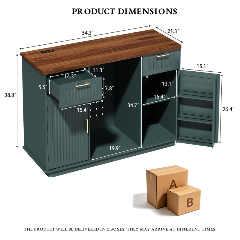 Mini armoire à réfrigérateur cannelée avec centrale électrique et porte-verres à pied - Buffet haut de 38,8 po avec tiroir de rangement, armoire de bar pour le salon