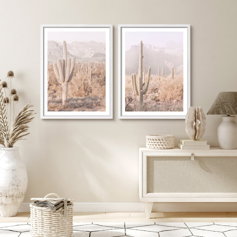 «Southwestern Cactus Desert», œuvre d'art moderne, affiches encadrées, salle de bain, petit art mural, Blanc / Blanc