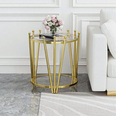 Table de bout de luxe moderne dorée 19,69 pouces pour le salon, conception de couronnes en acier inoxydable, table d'appoint ronde en verre trempé transparent de 8 mm