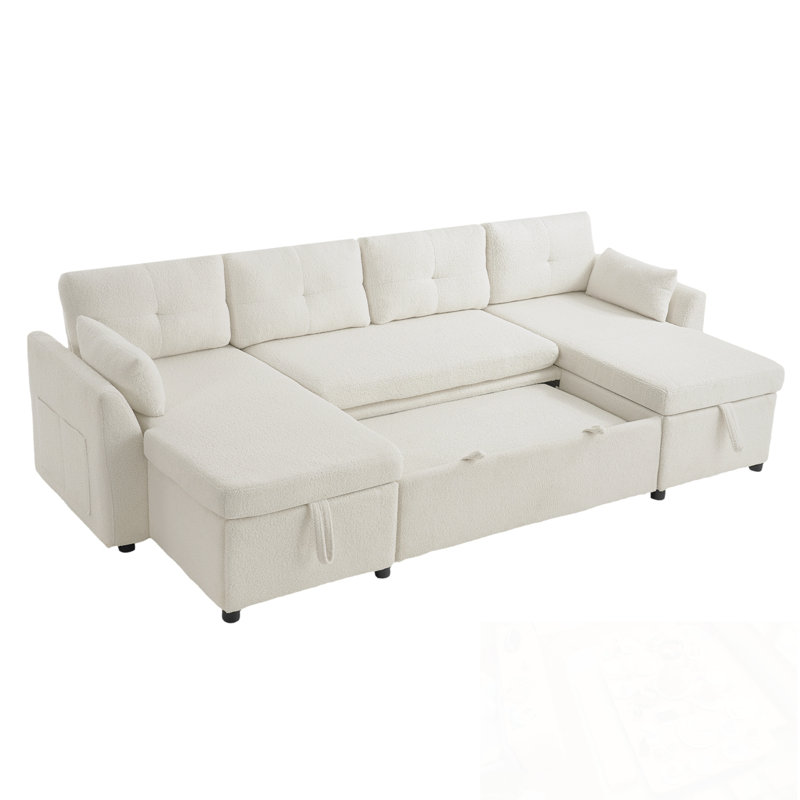 Canapé-lit modulaire en U de 107 po avec revêtement en tissu Teddy et méridienne double Xylo, Beige