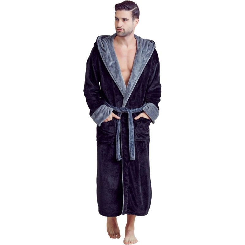 Peignoir mi-mollet avec poches et capuche Yaya, Noir, Taille unique